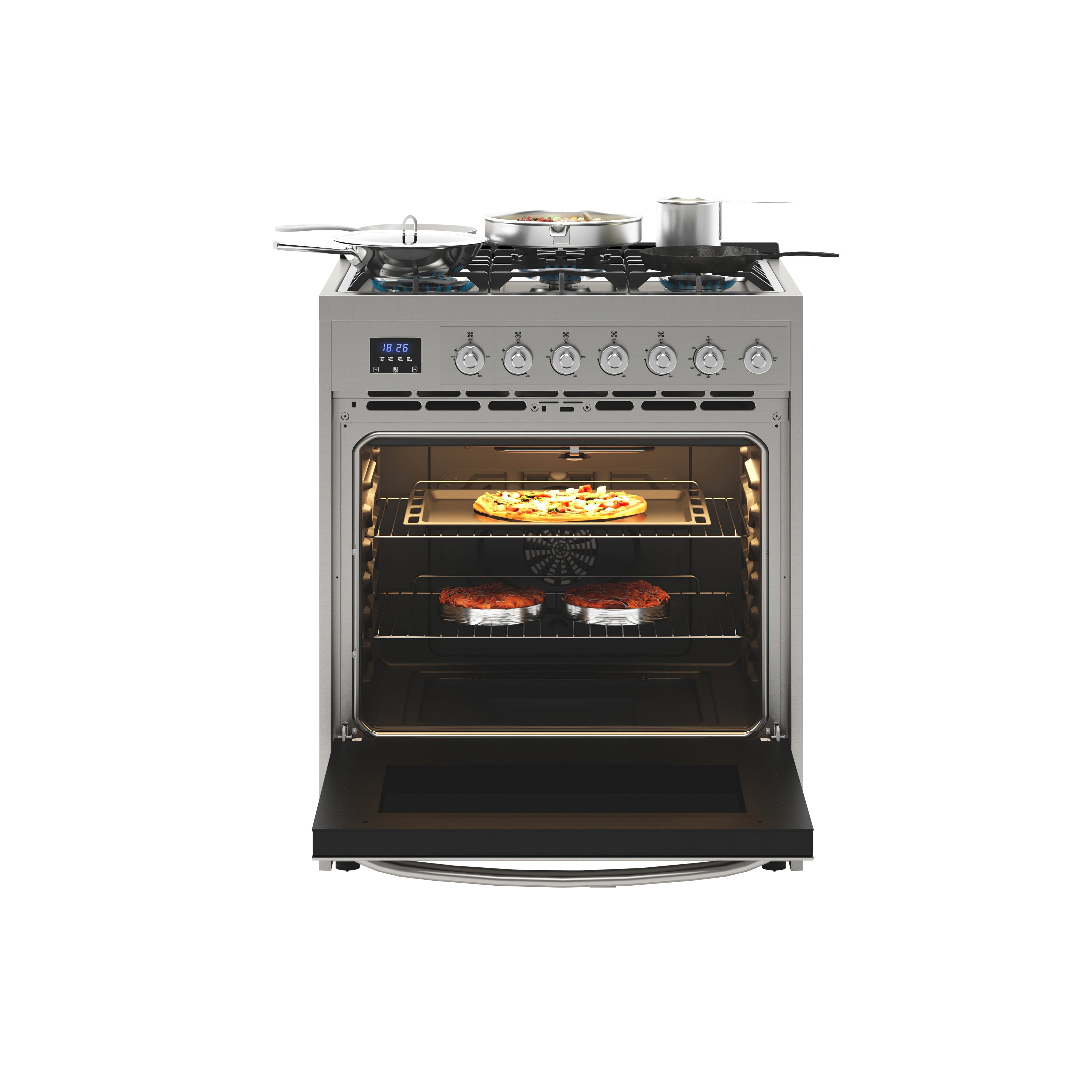 30” Inch Professional Gas Range Stove with 5 Burner Cooktop, Rapid Convection Oven, and Digital Timer with Heavy-Duty Cast Iron Grates, Stainless-Steel Appliance, Silver