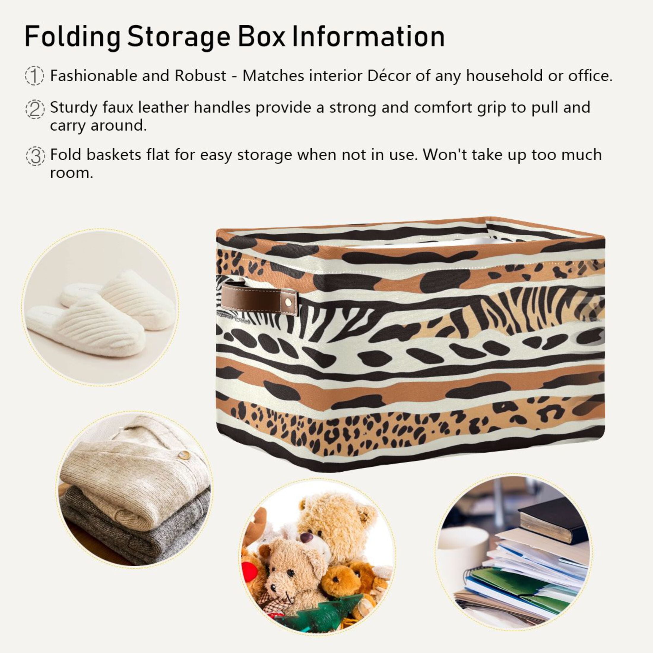 Animal Print Pattern Foldable Storage Basket,Canvas Fabric Foldable Storage Bins with Handles Open Home Storage Bins Boxes for Toy Book Shelf Closet Baskets