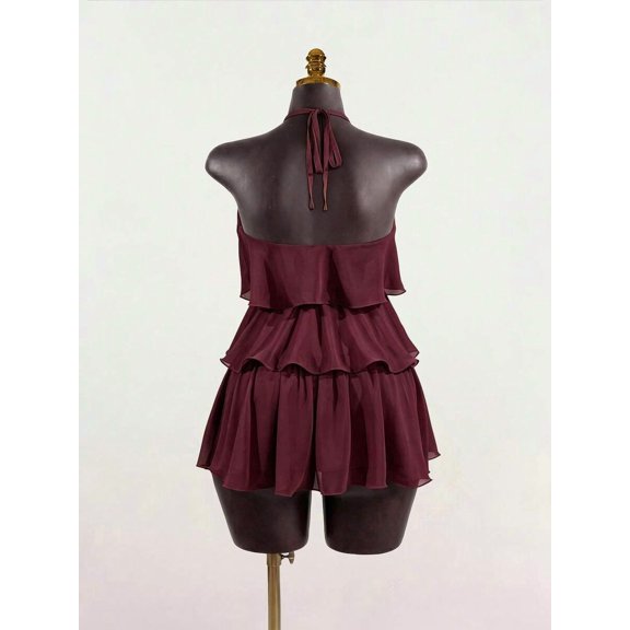 Women's Halter Neck Backless Tiered Mini Dress with Ruffle Hem, Slimming Loose Short Dress for Elegant Occasions