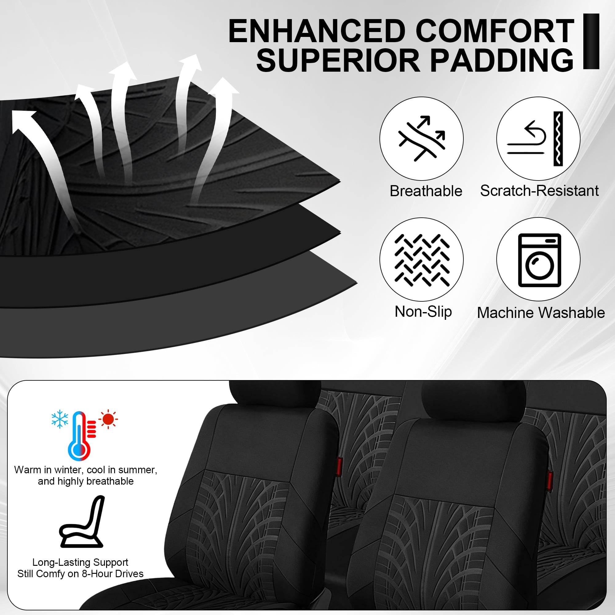 FLORAY 9-Piece Car Seat Covers Full Set - Airbag Safe, Thickened Quilted Cloth, Machine Washable - Universal Fit for Cars, SUVs & Trucks (Solid Rear Bench), Black