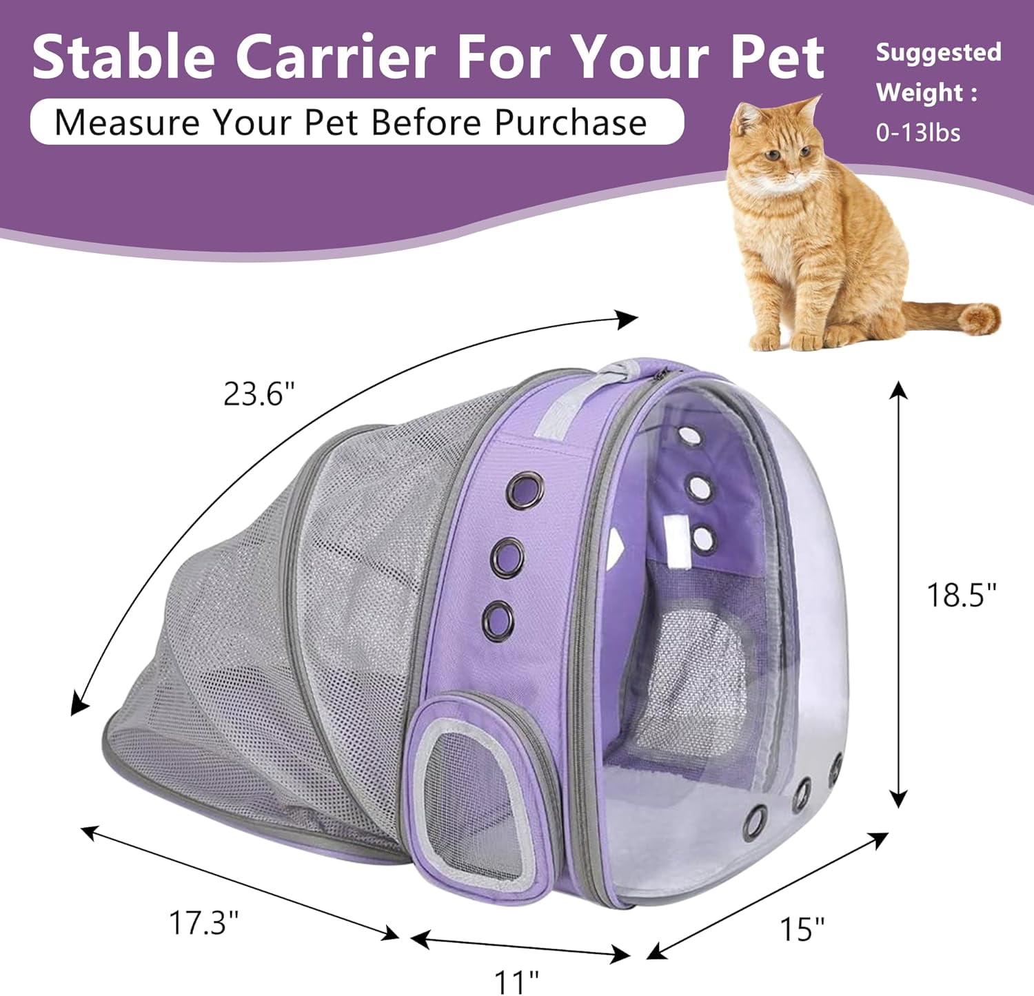 DENZUS Bubble Expandable & Foldable Cat Backpack Carrier, Breathable Pet Backpack for Large Cats, Designed for Hiking, Travelling, Camping