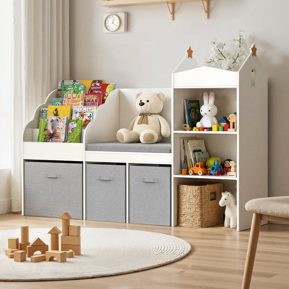 spanspace Kids Bookshelf with Reading Nook, 4 Cube Bookcase with 4-Tier Book Racks, 3 Movable Fabric Drawers and Seat Cushion, 60" Wide Toy Organizer for Bedroom, Playroom, White