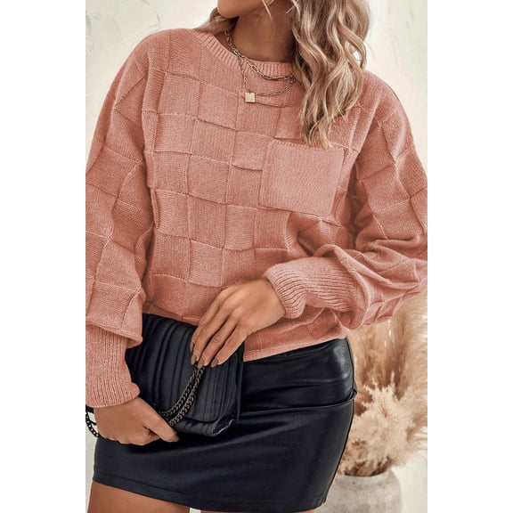 Redhotype Elegant Plus Size Sweater - Timeless Rose Tan Checkered Knit