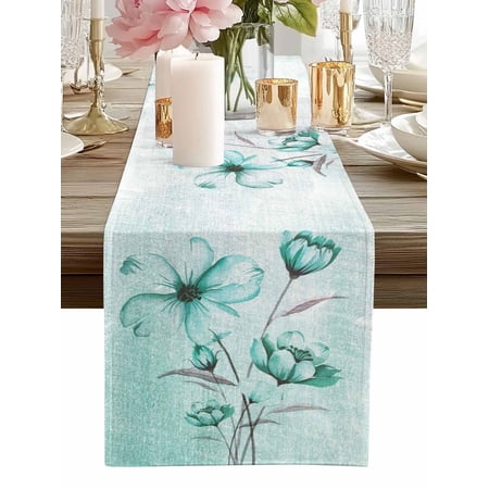 Table Runner Turquoise Flower Table Runners Floral Branch Leaves Cotton Linen Dresser Scarf Kitchen Dining Table Decor for Home Dinner Party Decor 13x36 Inch