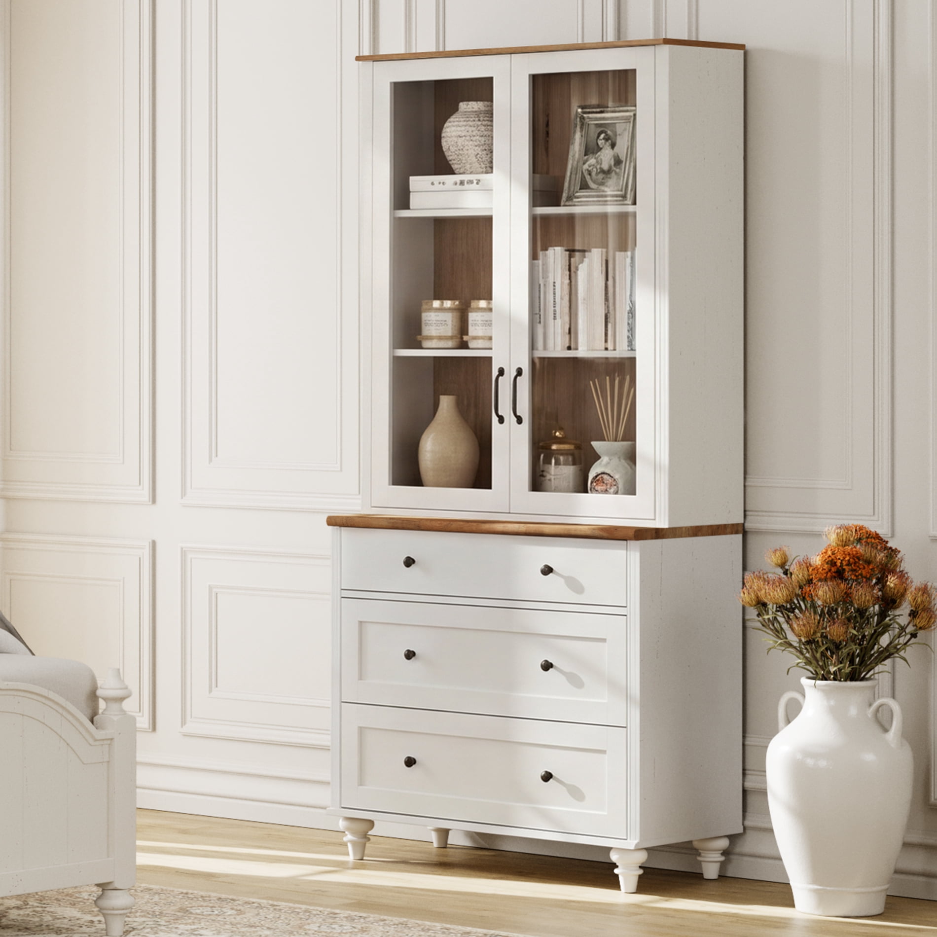 White 5-Tier Bookcase with Glass Doors, Bookshelf with 3 Drawers, Farmhouse Library Wooden Bookshelves for Living Room, Office, Kitchen
