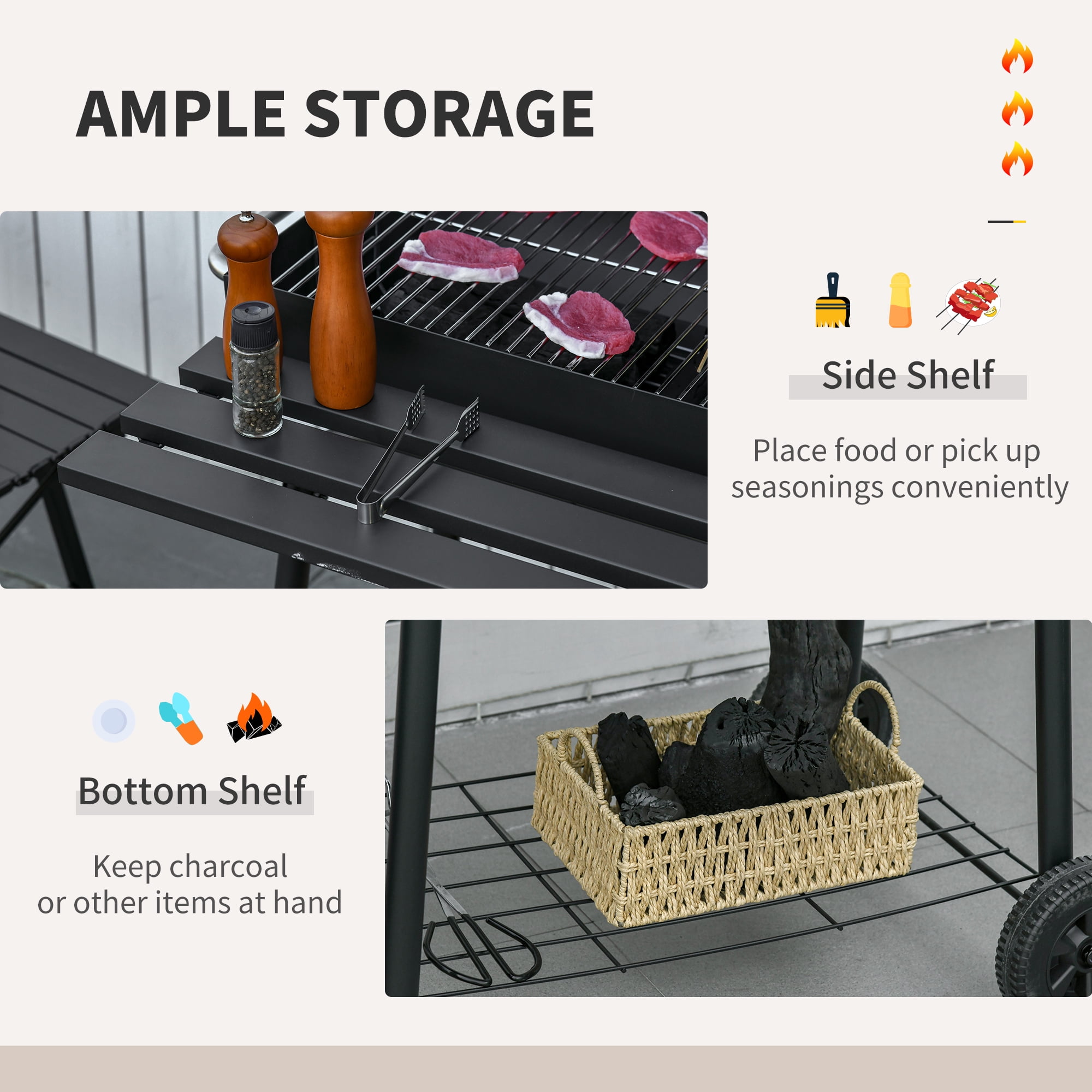 30" Portable Barrel Charcoal BBQ Grill & Smoker, Steel Outdoor Barbecue with Storage Shelf & Wheels for Garden, Camping, Picnic