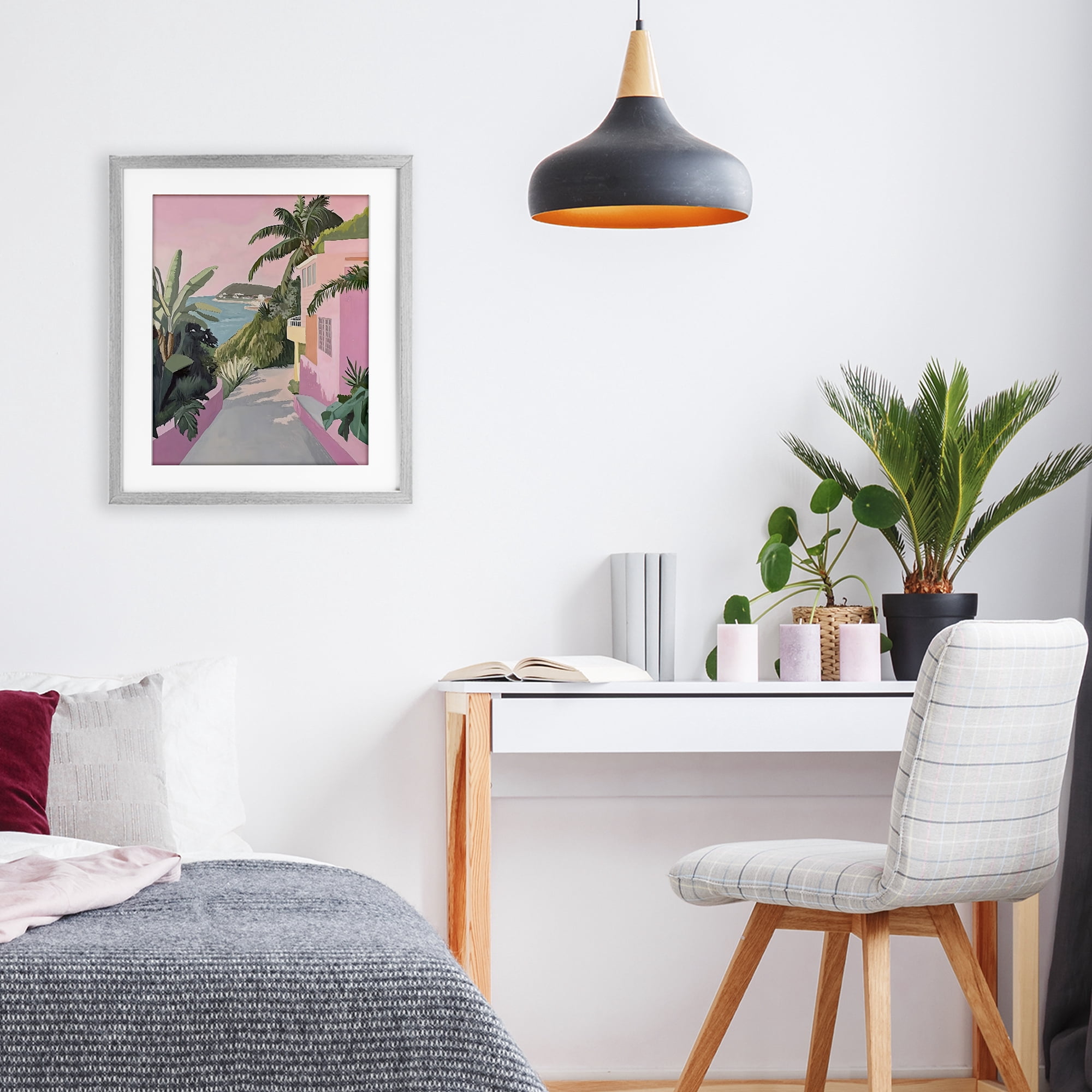 Stupell Industries Mediterranean Pink Coastal House Gray Framed Print Under Glass, design by The Prints Vibe
