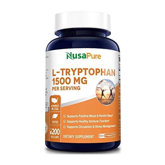 NusaPure 1500mg L-Tryptophan 200 Capsules, Non-GMO & Gluten-Free, Vegetarian, Enhanced with Bioperine, Dietary Supplement for Adult Unisex Health & Wellness