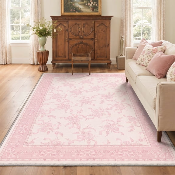 GENIMO 5'x7' Area Rug for Living Room, Washable Non Slip Soft Floral Rug for Bedroom Dining Room Home Office, Blush Pink
