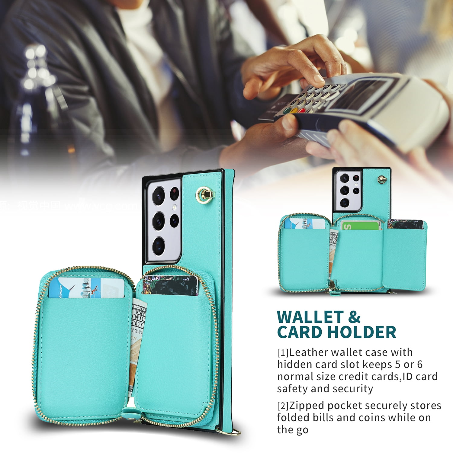 TECH CIRCLE For Galaxy S9 Wallet Case,Card Holder Phone Case for Women, Zipper PU Leather Purse Kickstand Folio Flip Case with Crossbody Strap for Samsung Galaxy S9 5.8" 2018,Mint