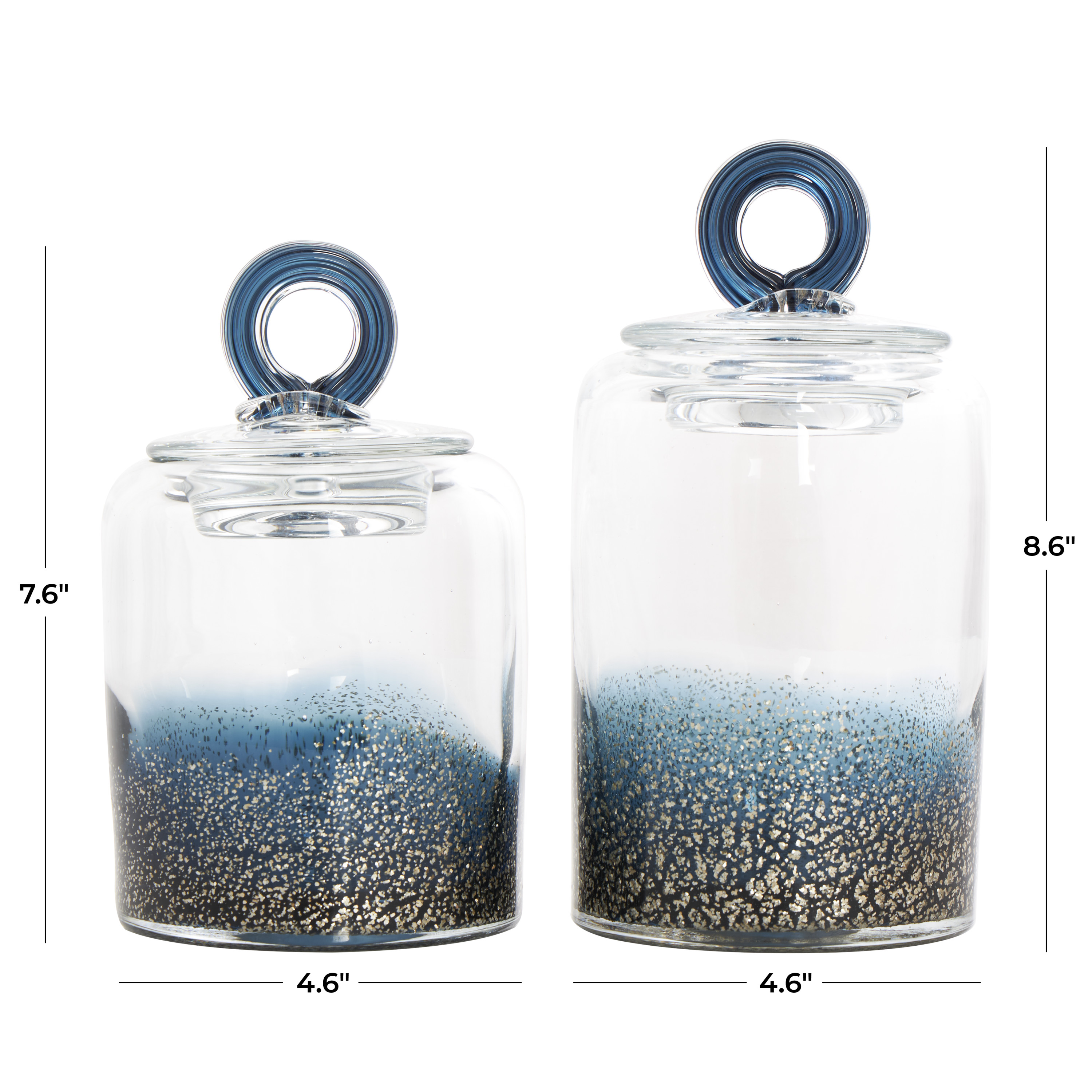 DecMode 9", 8"H Blue Glass Handmade Decorative Jars with Gold Flake Details and Ring Lids, 2-Pieces