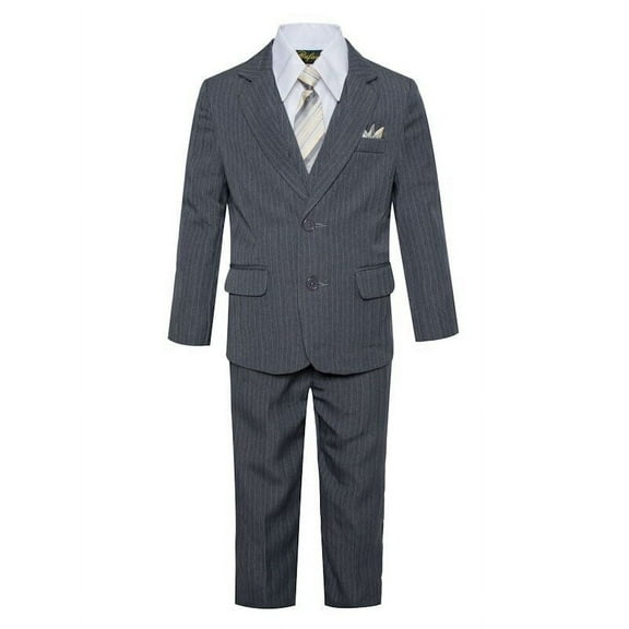 B-One Kids Boys' Formal Classic Fit Suit 5 Piece Set Pinstripe Charcoal Gray Includes Suit Jacket, Dress Pants, White Dress Shirt, Matching Suit Vest Clip-on Tie for Toddlers, Little Boys, Big Kids