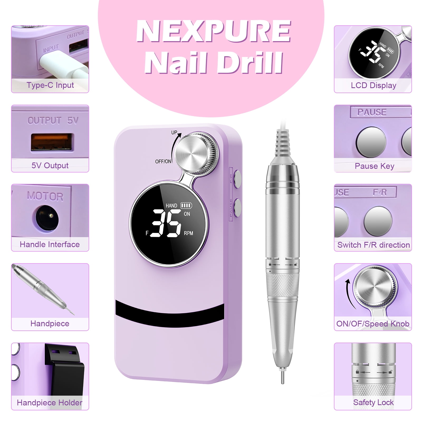 NEXPURE 35,000RPM Cordless Electric Nail Drill with Rechargeable Battery, Professional Manicure File Kit for Salon & Home Use
