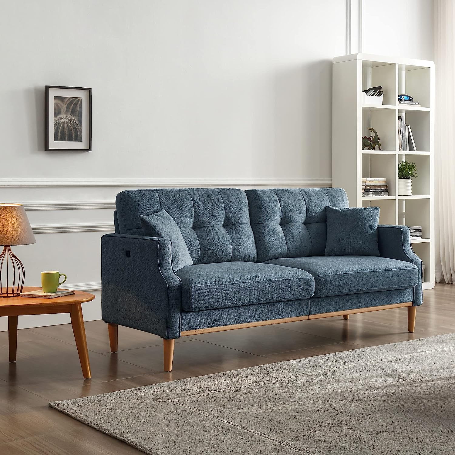 DEALTOPS Mid-Century Modern 3 Seat Sofa Couch, The Ultimate Comfort Experience Loveseat with Thick Cushions,Waterproof Fabric,and USB Port - Blue