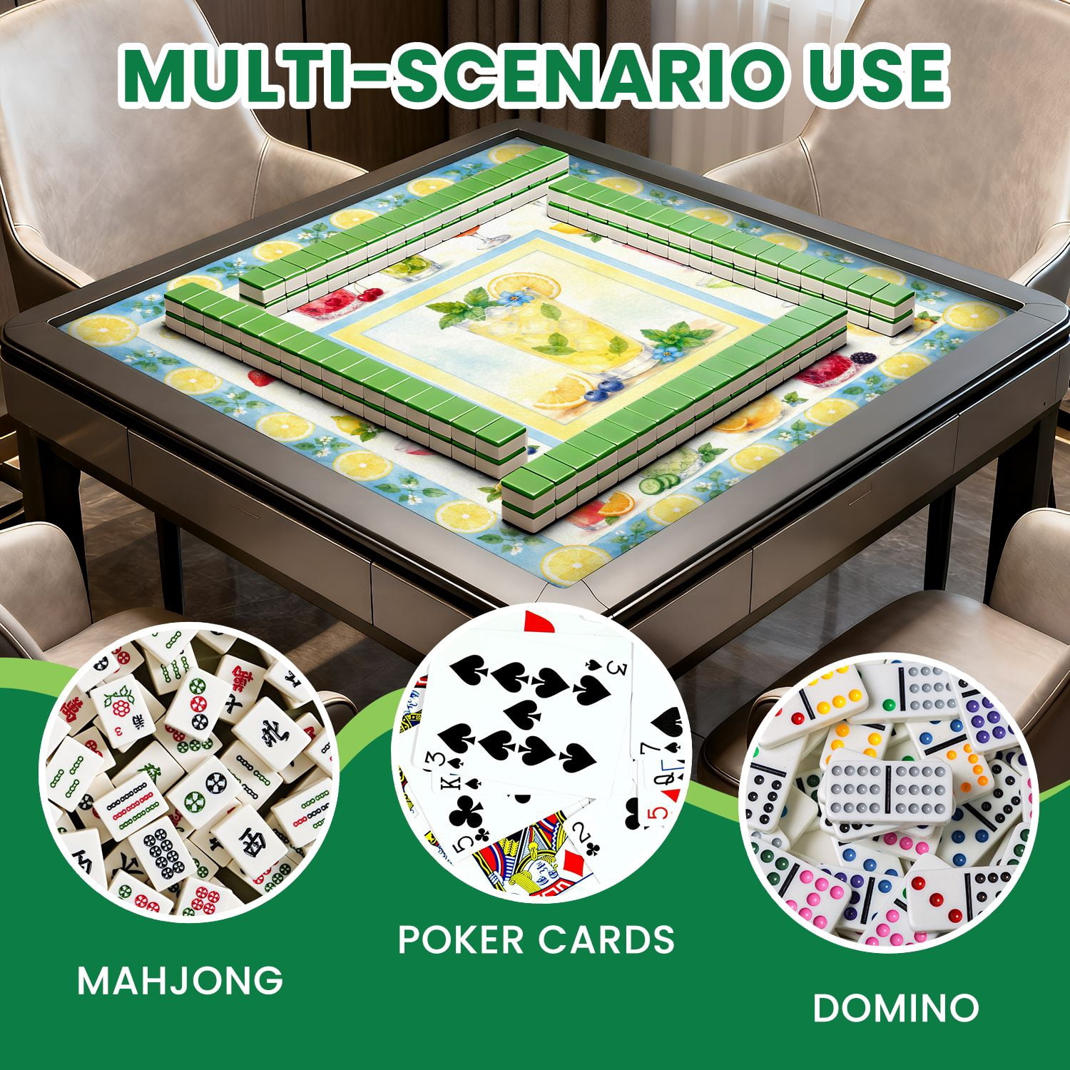 Mahjong Mat 31.5" x 31.5" Colorful Cocktail Glasses Fruit Garnishes Fresh Herbs Watercolor Style Non-Slip Noise Reduction Mahjong Tiles Table Cover for Dominoes Poker Card Board and Tile Games