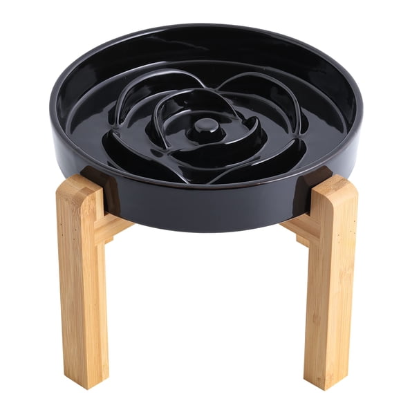 Comedero lento de cerámica Dog Bowl Addogyy con soporte de madera, color negro