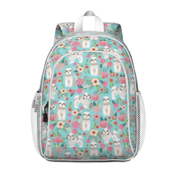 Bichon Dog Blue Florals Backpack for School,Cute School Bag,Schoolbag with Adjustable Shoulder Straps & Padded Back,15"x11.42"x5.5"