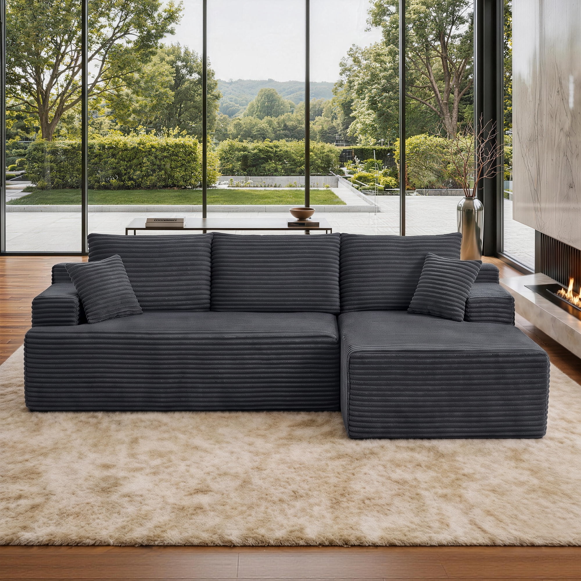 Aukfa 95" Modular Cloud Sectional Sofa, L-Shaped Couch with Right Facing Chaise, No Assembly Required Corduroy Deep Seat Sleeper Sofa for Living Room, Apartment, Gray