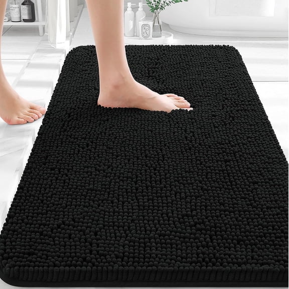 OLANLY Black Bathroom Rug 30x20, Extra Soft Absorbent Chenille Bath Rugs, Rubber Backing Quick Dry, Machine Washable Mats for Floor, Tub and Shower, Home Decor Accessories