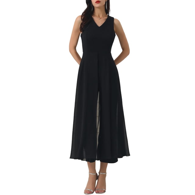 INSPIRAR CHIC Mono de Pierna Ancha para Mujeres Chifón Cuello en V Cóctel Sin Mangas Mono XL Negro