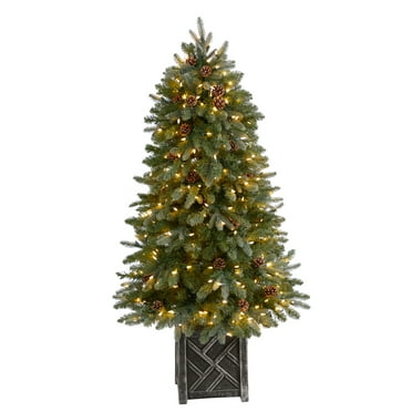Nearly Natural 5' Fir Flocked Artificial Christmas Tree in Decorative Planter, Prelit with 300 LED Lights