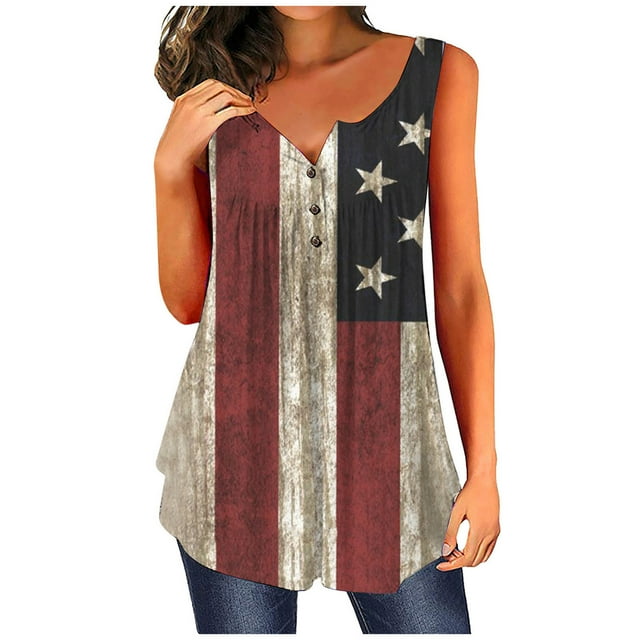 Pompotops Women Printing O-Neck Button Sleeveless Vest Short Tank T-Shirt Blouse Tops