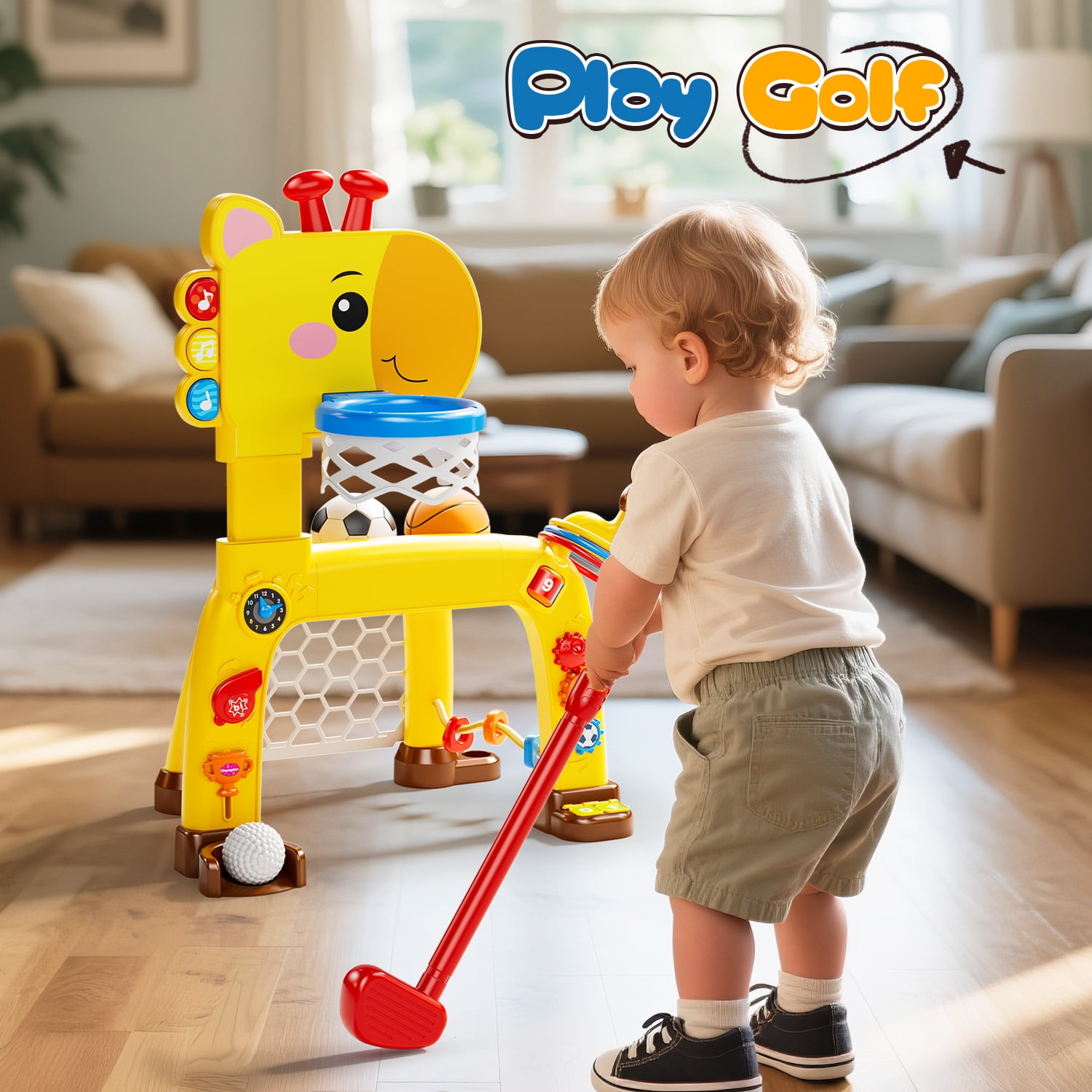 4-in-1 Toddler Basketball Hoop, Soccer Goal, Golf Toy & Ring Toss Game with Lights and Music, Kids Sports Activity Center Gifts for Boys and Girls Ages 1-3