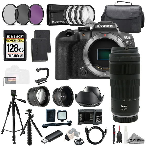 Canon EOS R10 Camera   RF 100-400mm f/5.6-8 IS USM Lens 128GB Ext Bat 9 PC Filtr MEGA Kit (International Version)