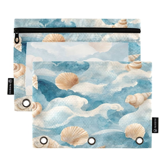 2 Pack 3 Ring Binder Pouch with Clear PVC Window Water Resistant Zipper Pencil Pouch Moody Coastal Beach Wave Design Binder Pocket for Classroom Office Home Stationery Organization