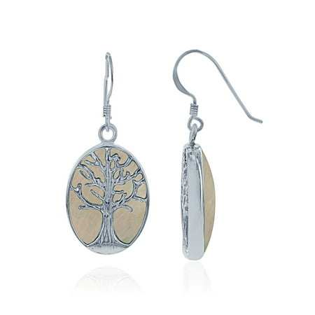 Sterling Silver Mother of Pearl Tree of Life Oval Dangle Earrings
