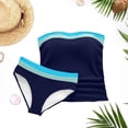 thumbnail image 4 of POUNOO Womens Tankini Swimsuits Slim Fit Strapless Color Block Stripe Ruched Detail High Waist Bathing Suits Beach Vacation Style Swimwear Gift, 4 of 5