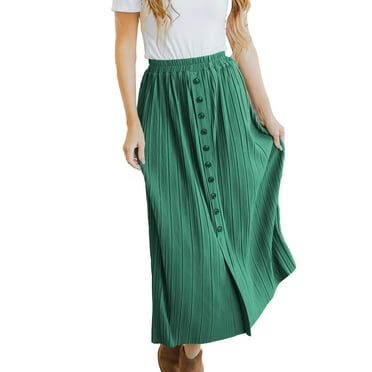 Women Maxi Skirt Casual Elastic High Waist Button Front Pleated Maxi Skirt for Female Dark Green M