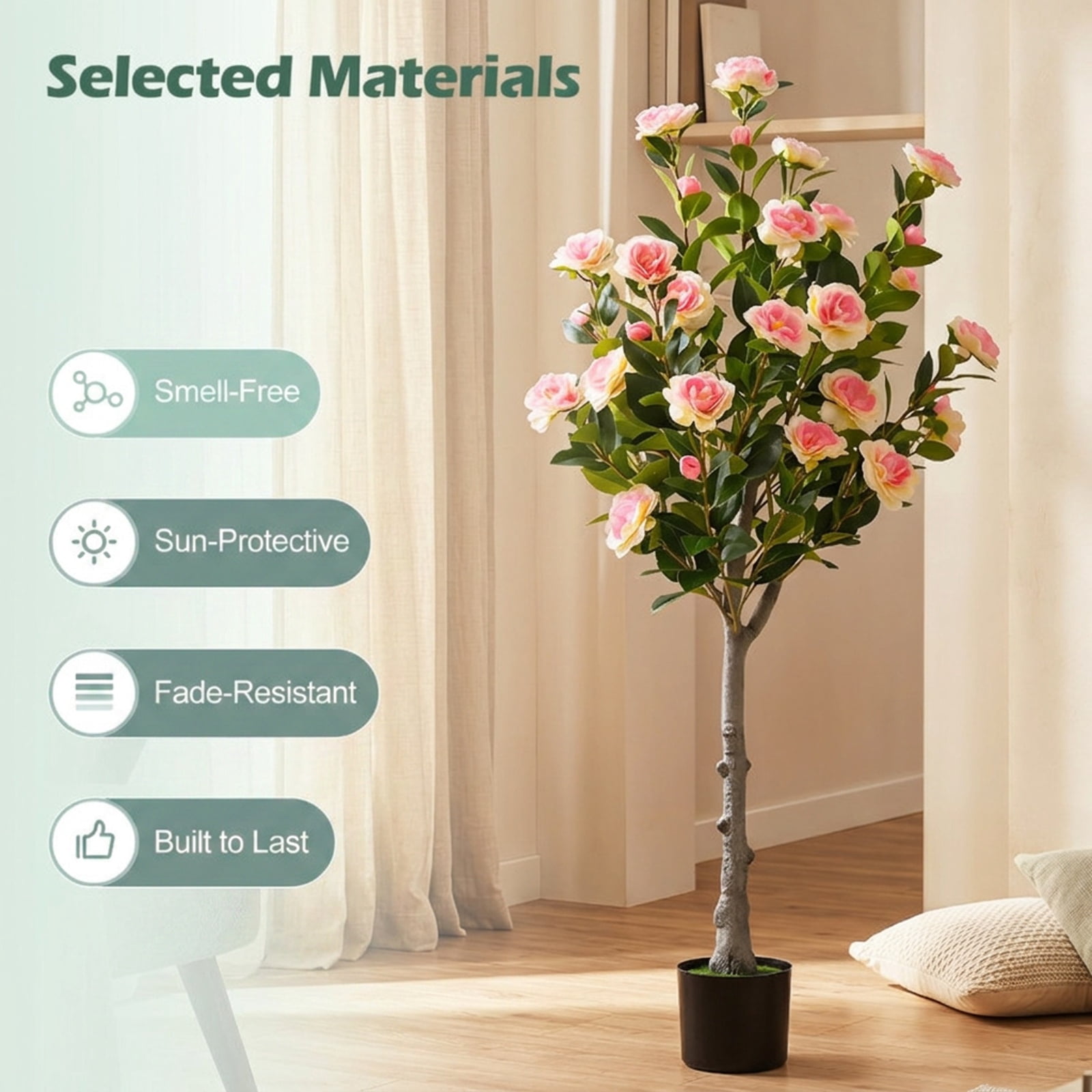 Vebreda Artificial Plant Decor, Artificial Camellia Tree with 27 Blossoms in Cement Pot for Home, Realistic Floral Details, Built to Last