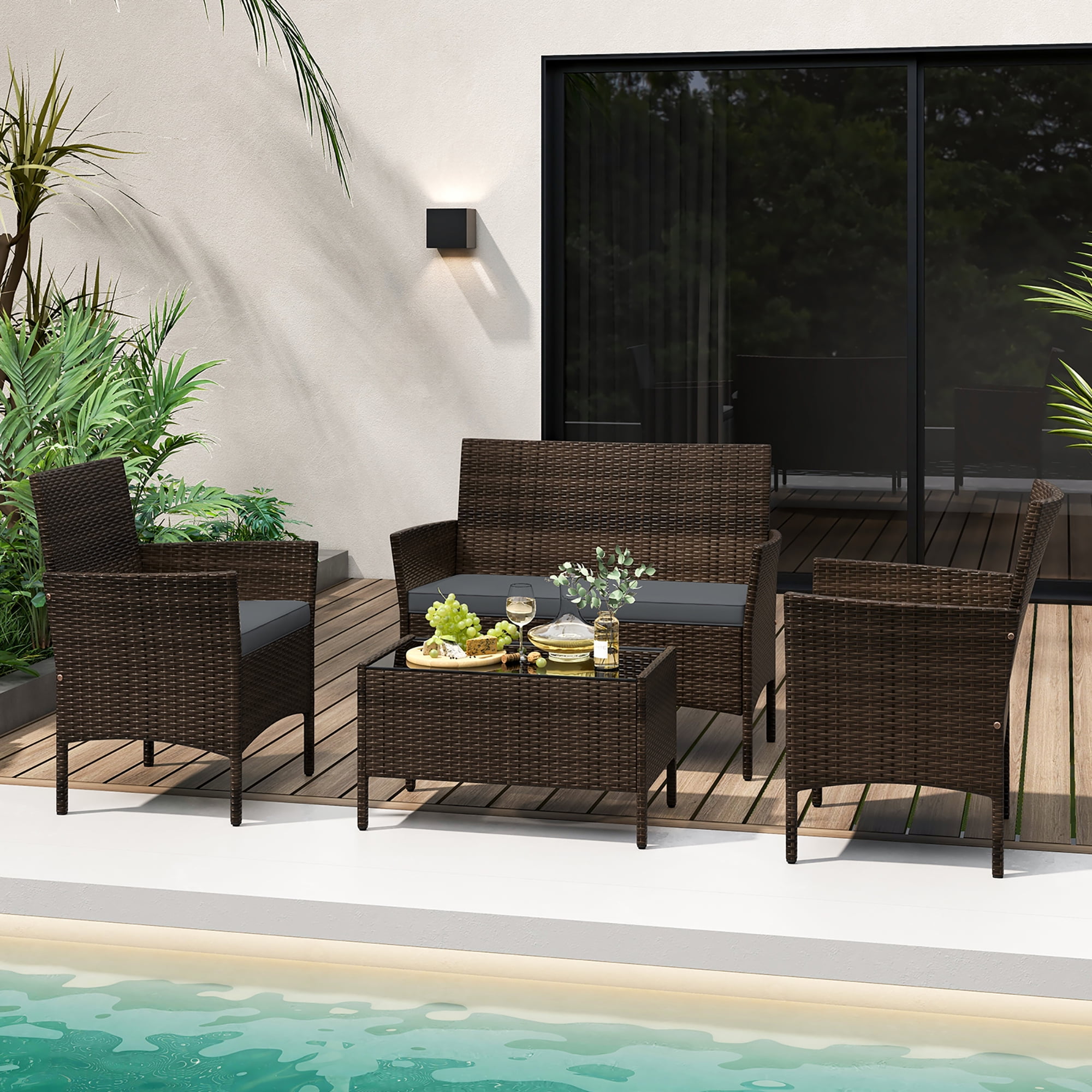 Gymax 4 Piece Patio Rattan Conversation Set Outdoor Wicker Furniture Set w/ Chair & Loveseat