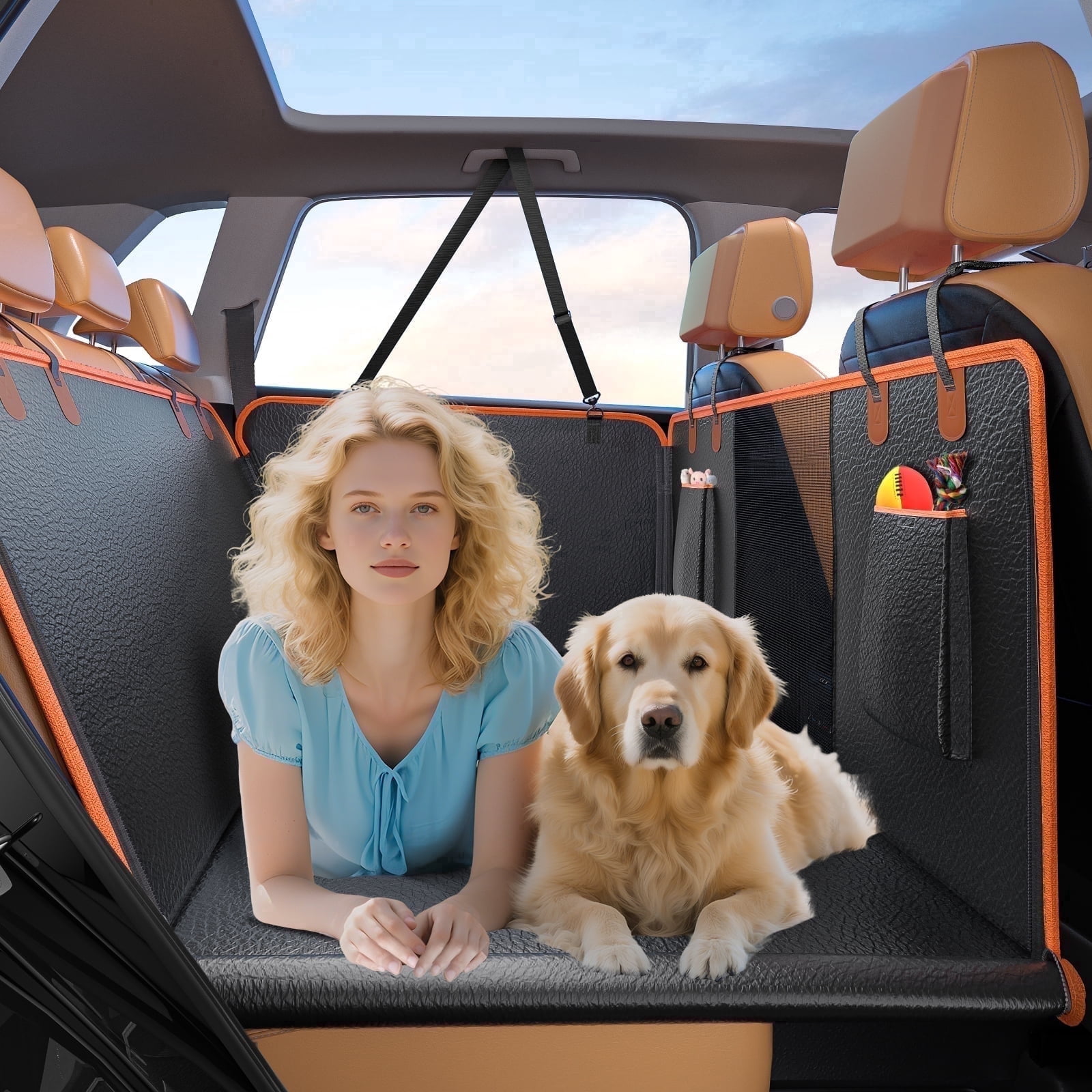 Back Seat Extender for Dogs, Waterproof Dog Car Seat Cover for Back Seat with Anti-Scratch Hard Bottom, Dog Hammock for Car SUV Sedan, Safer, Easy to Clean, Hold 400lbs, Black