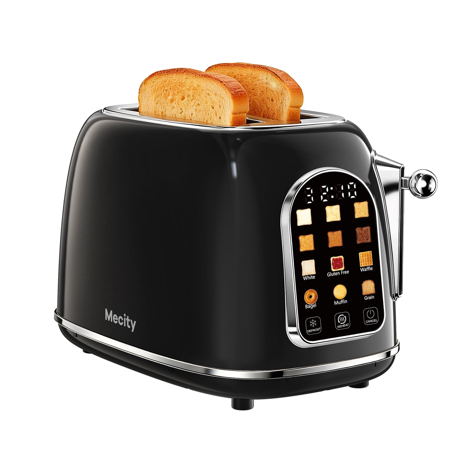 Mecity Easy Touch Screen Toaster 2 Slice – Retro Wide Slot Stainless Steel Toaster with Large Display, 6 Browning Levels, Bagel, Defrost & Reheat, Removable Crumb Tray, Black