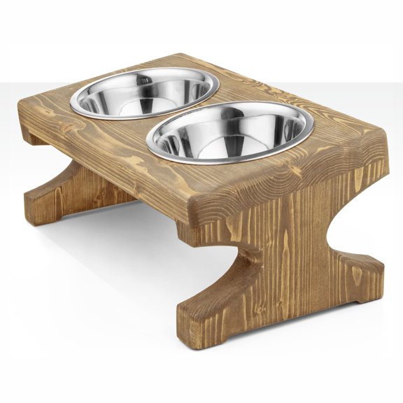 Pit stop Pet Food Bowls with Stand, Puppy Dog Feeding Bowls With Non-Skid Wooden Stand, Set of 2 Stainless Steel Food and Water Bowls for Dogs and Cats With Pine Wood Holder-Natural Wood Color-PET0019