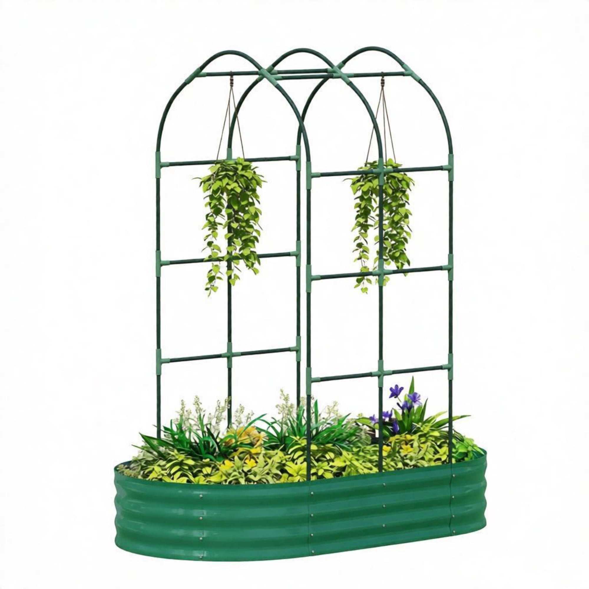 Galvanised Metal Raised Garden Bed, 5 x 3 x 6ft Outdoor Planter Box, Arched Trellis, Open Bottom, Green (Only for Elevated Garden Beds)