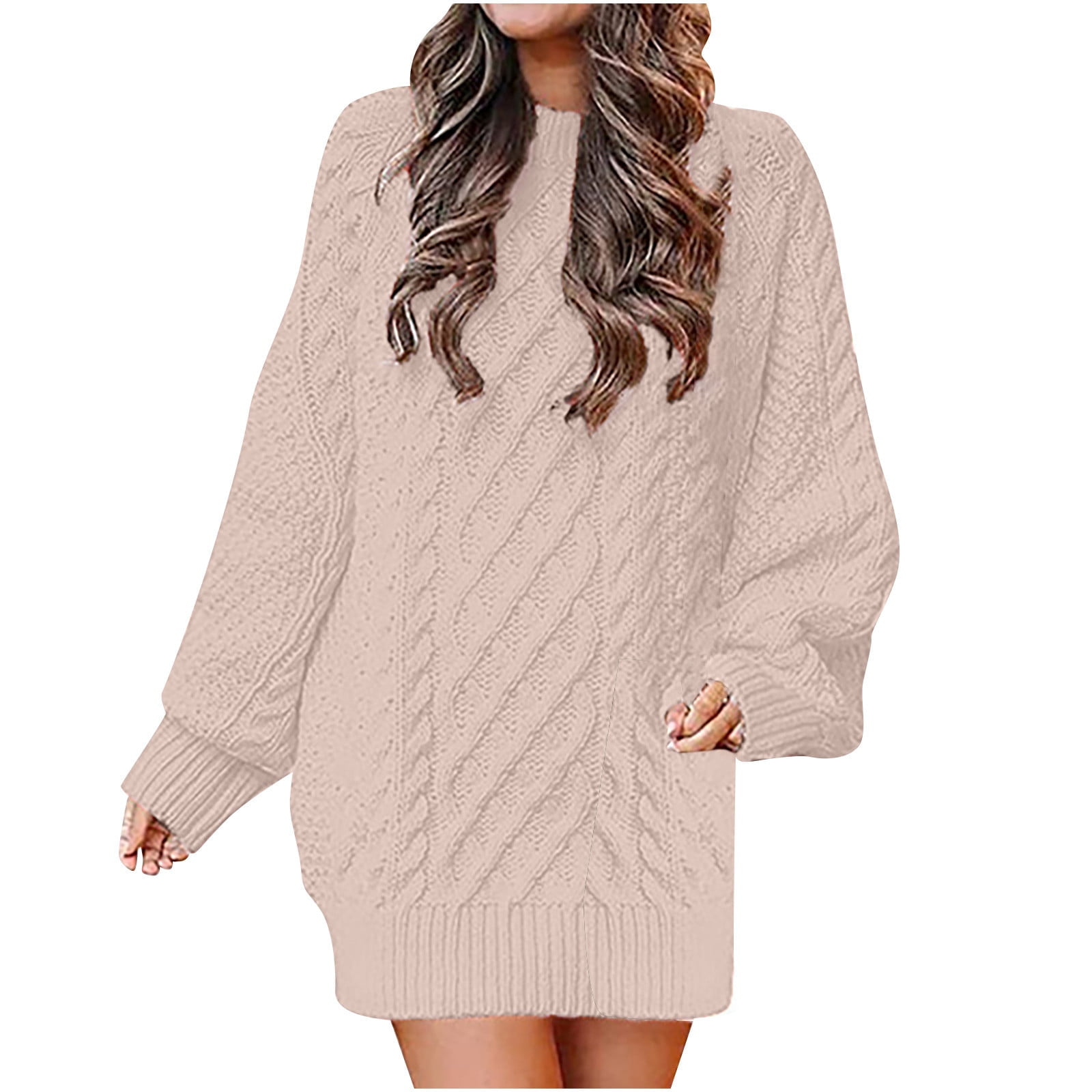 Blvb Womens Long Sleeve Oversized Knit Sweater Dress Casual Loose Crewneck Soft Fall Winter Pullover Mini Dresses Pink