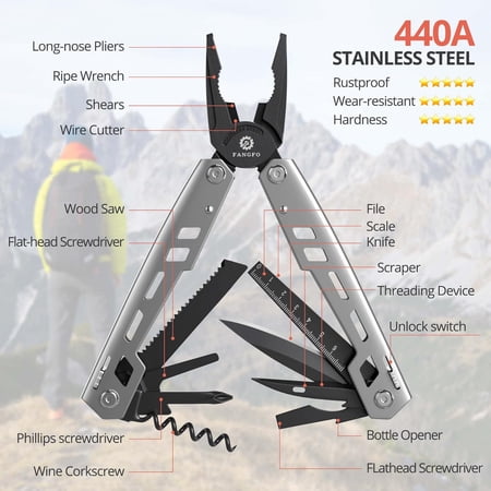 UYGDUY-Multitool 17-in-1 Stainless Steel Multi Tool with Pocket Knife Needle Nose Pliers Bottle Opener Screwdriver Self-Locking Professional Multi-Tool for Outdoor Survival Gifts for Men((Silver)