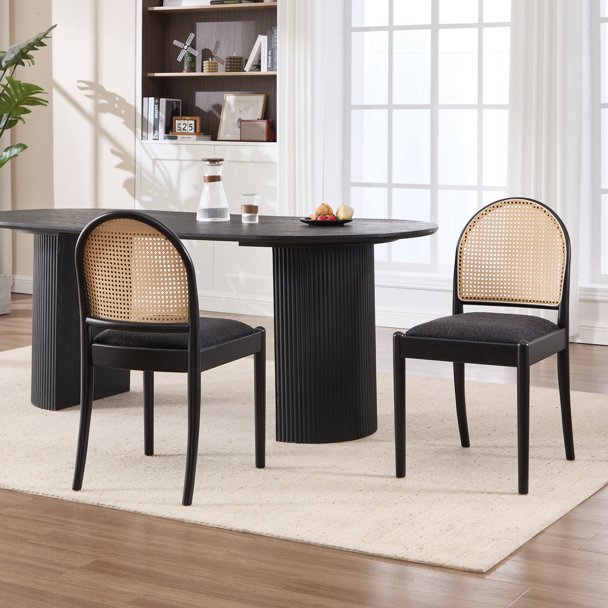 Leumius Rattan Dining Chairs Set of 2, Upholstered Linen Dining Room Chairs with Backrests, Modern Kitchen Chairs with Wood Legs for Dining Room, Black