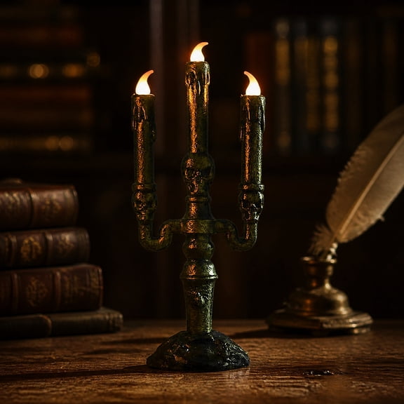 JollyMart Halloween Skull Candelabra LED Flameless Candle Light 3 Wick Plastic Fake Candle Lamp 9x23in Gothic Spooky Table Decor for Halloween