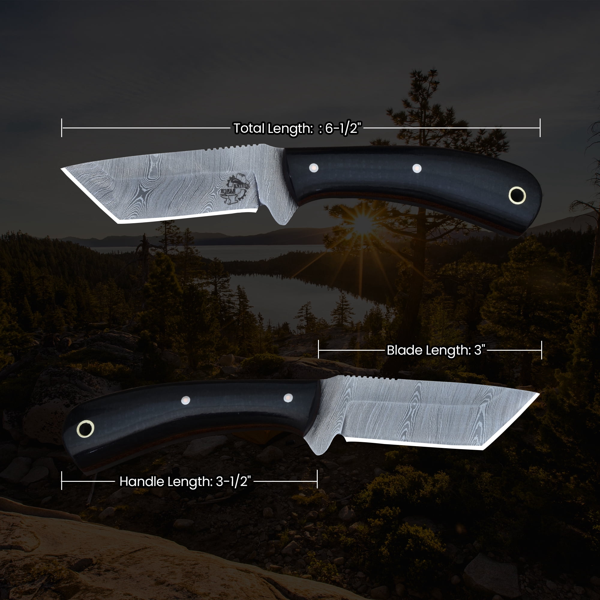 Knives Ranch Handmade Everyday Carry Knife - Full Tang Damascus Steel Blade - Horizontal Leather Sheath - Fixed Blade Utility Knife with Micarta Handle
