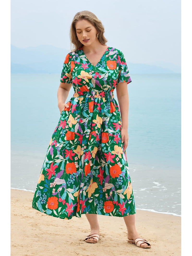 Cassie LIZ Womens Plus Size Dresses 5X V Neck Floral Print Short Sleeve Green Maxi Dress Summer Spring Derss with Pocket Party Wedding Guest Dress 5XL Cassie LIZ Womens Plus Size Dresses 5X V Neck Floral Print Short Sleeve Green Maxi Dress Summer Spring Derss with Pocket Party Wedding Guest Dress 5XL