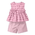 thumbnail image 4 of SGFCWSX Girls 2 Piece Outfits Sleeveless Gingham Ruffle Peplum Tops Solid Shorts Summer Casual Clothes Set Pink Size 7, 4 of 9