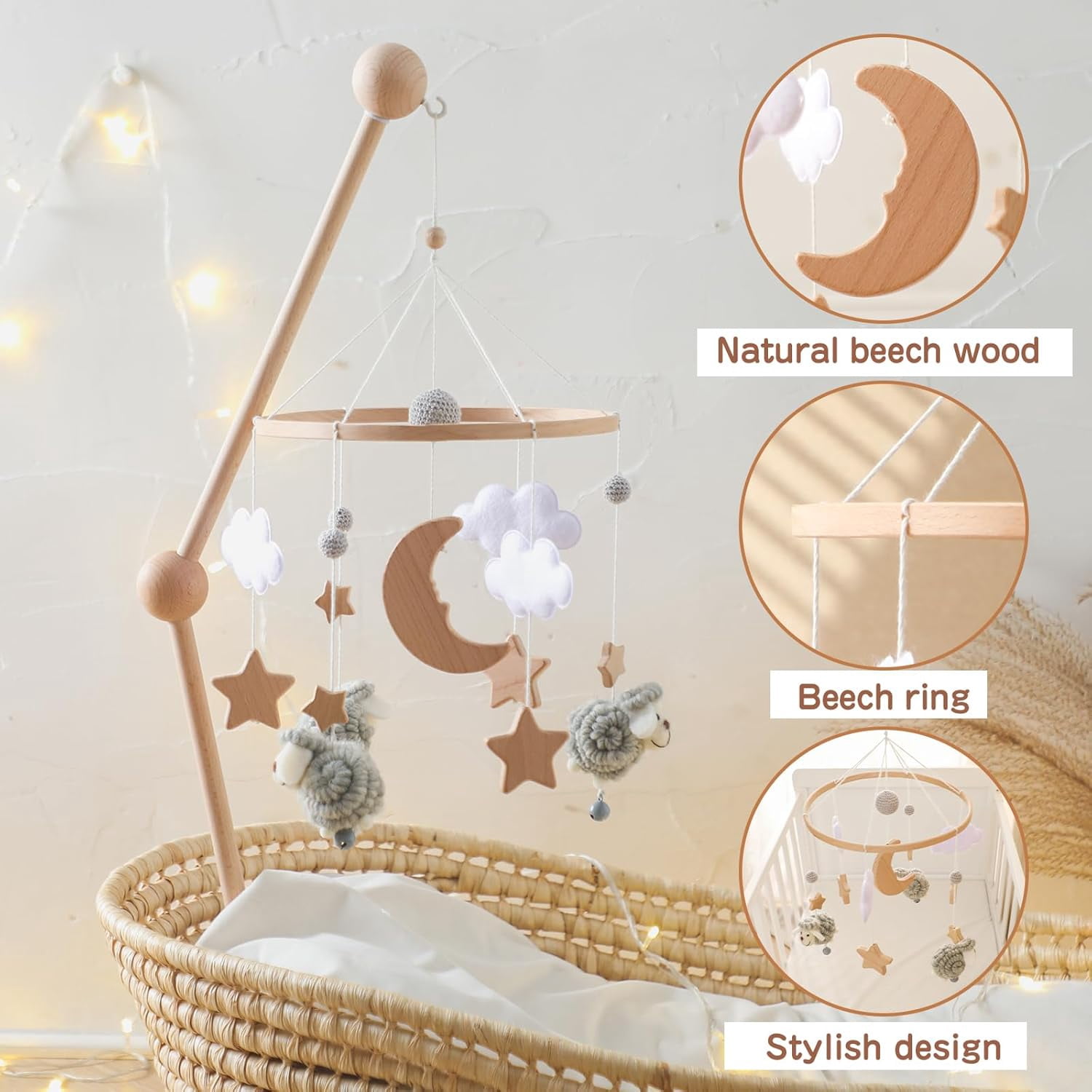 Wooden Baby Crib Mobile – Montessori-Inspired Nursery Decor with Soft Neutral Tones, Handcrafted Hanging Toy for Newborns 0-6 Months, Calming Visual & Sound Stimulation Gift​
