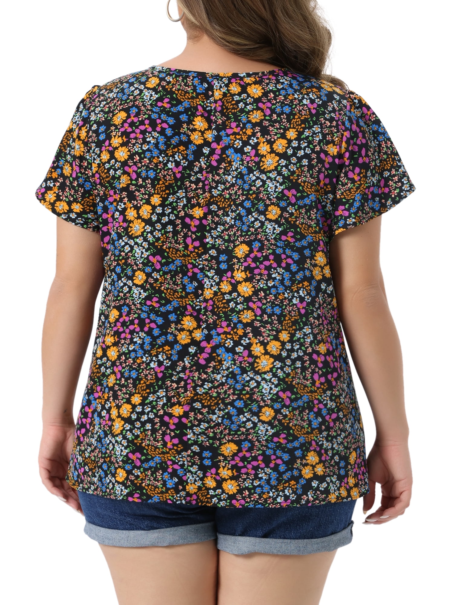 Women's Plus Women's Floral Short Sleeve Crew Neck Blouse Summer Shirt 1X Black