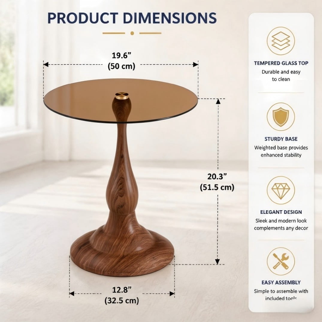 19.6" Round Side Table, Brown Tempered Glass Top with Walnut Metal Base, Modern End Table, Nightstand, Sofa Table for Living Room Bedroom
