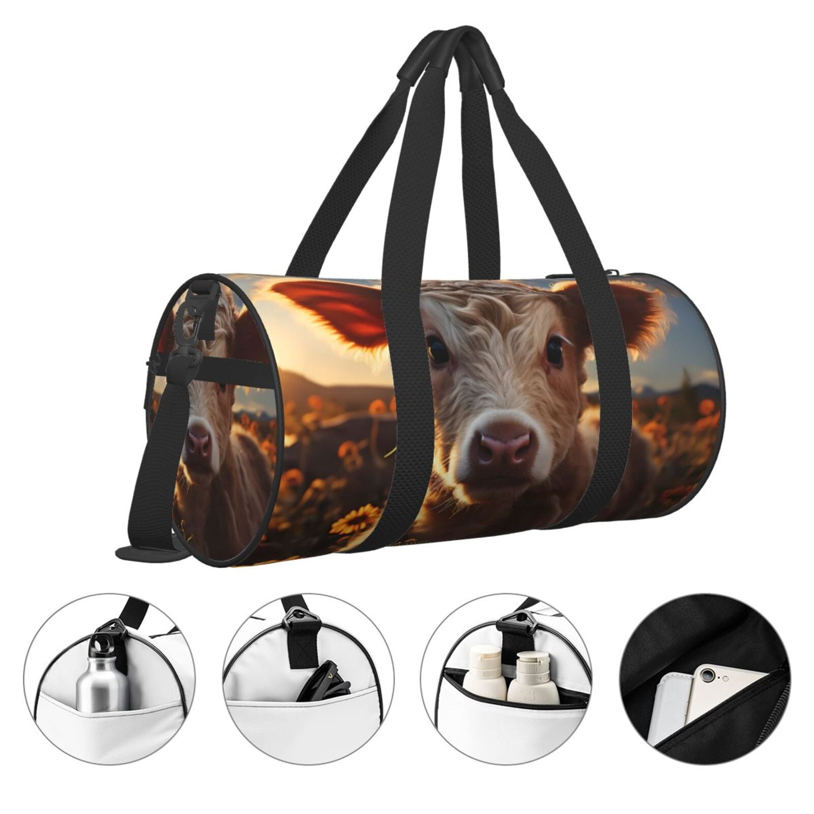 Vsdgher Sunset Sunflower Small Cow 45L Foldable Duffel Bag, Sports Gym Bag,Overnight Bag, Portable Weekender Bag for Airplanes