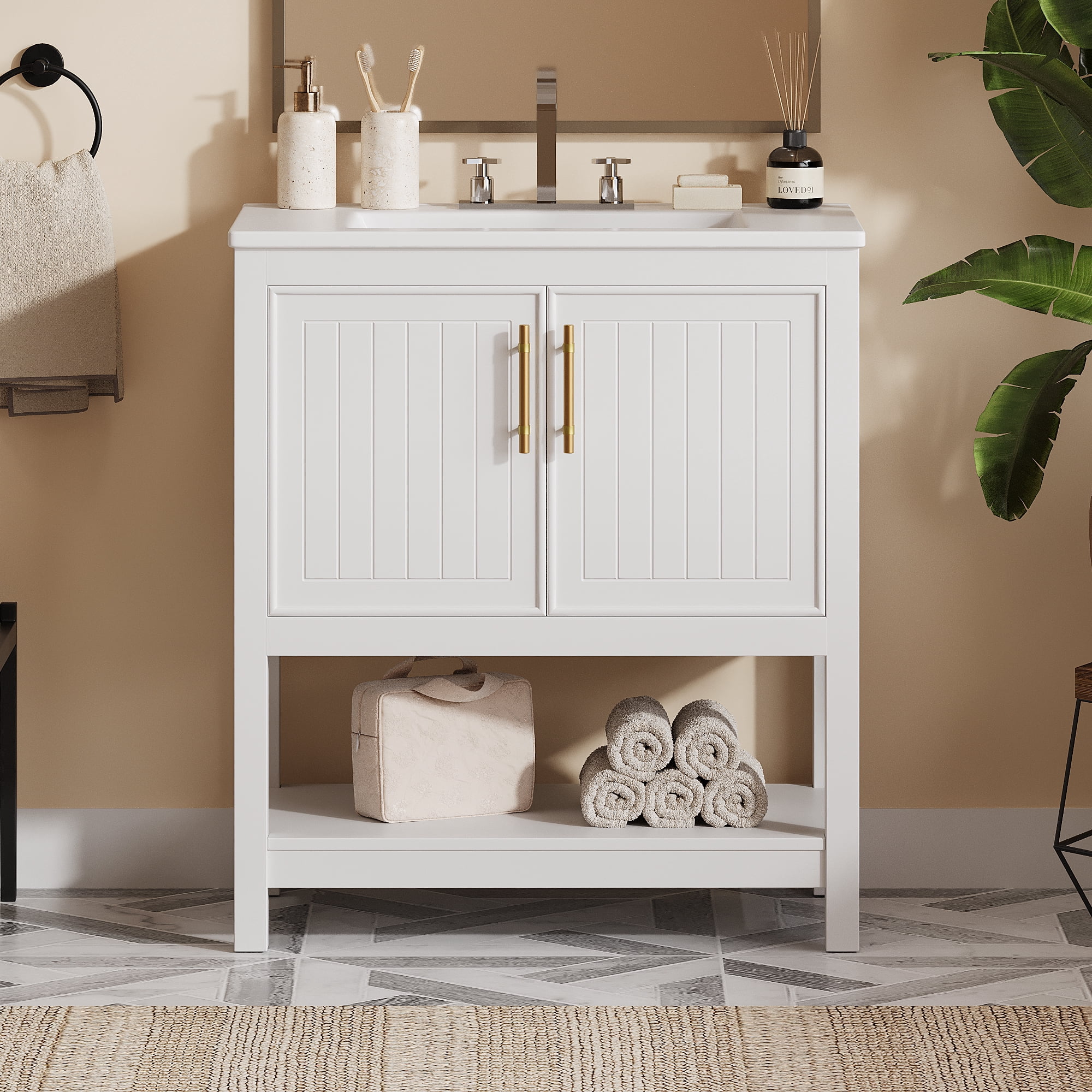 MODERNLUXE 30" Bathroom Vanity with Ceramic Sink, Freestanding Bathroom Sink Cabinet with Bottom Shelf and Versatile Storage,Ideal for Small Bathrooms,White